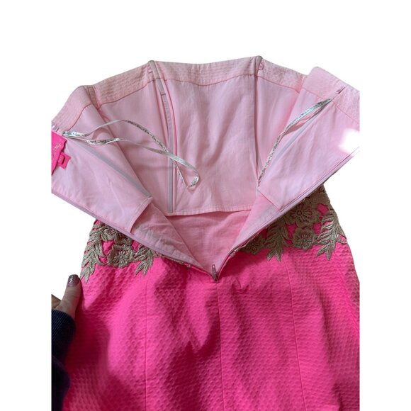 Lilly Pulitzer Kade Pink Barbie Strapless Dress With Gold Lace Accent & Back Zip - Picture 6 of 7
